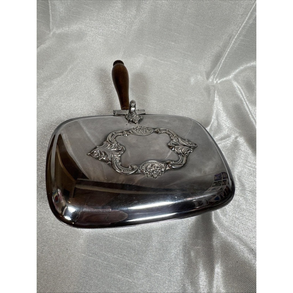 Wallace Silver Plated Hand Dust Pan Wood Handle Ornate Floral Design
